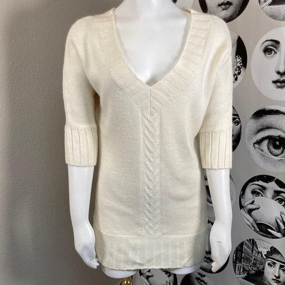 Ben Sherman Cream Deep Vneck Tunic Knit Sweater w/ 3/4